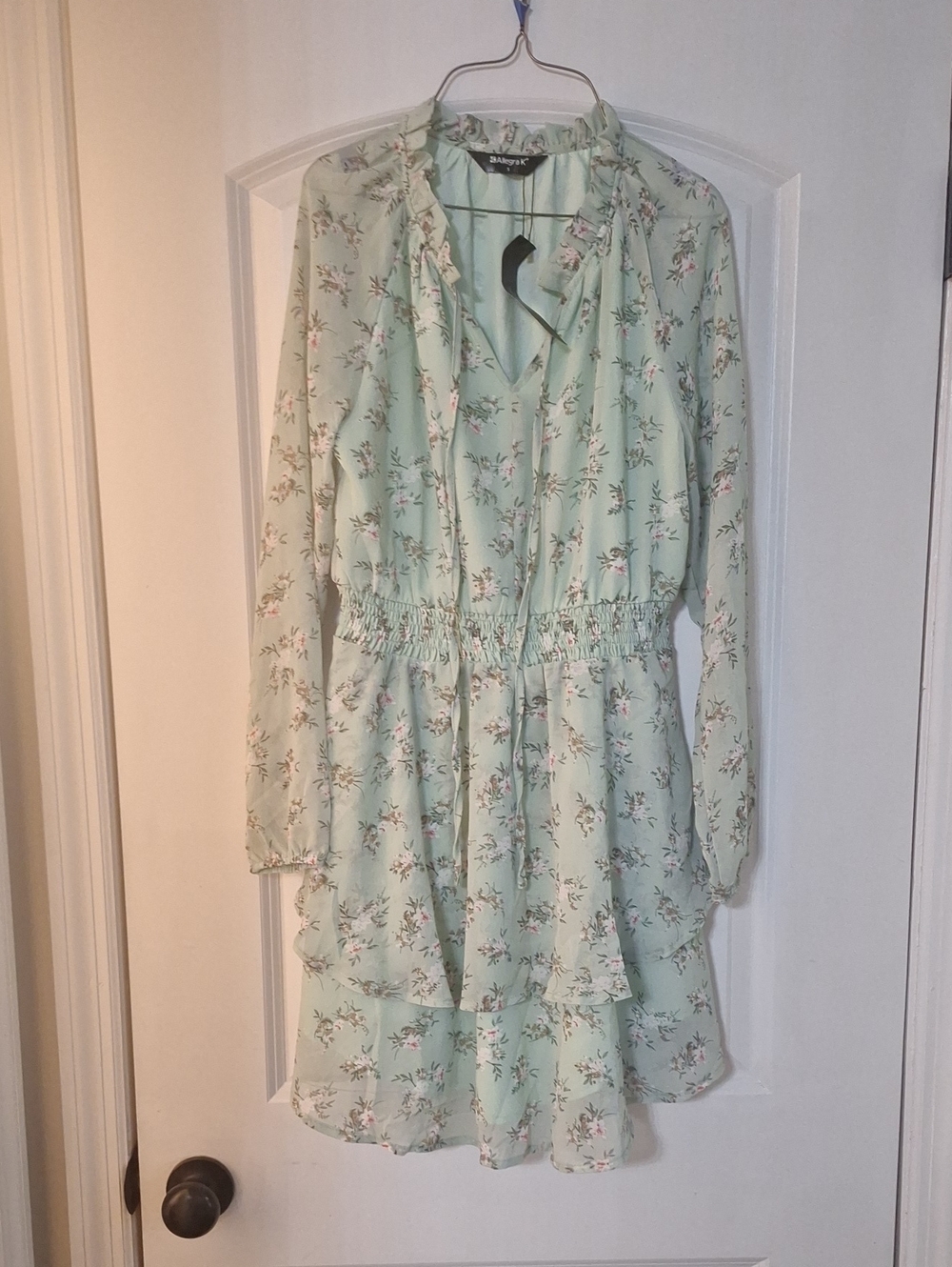 Allegra K Mint Floral Ruffle V-Neck Dress